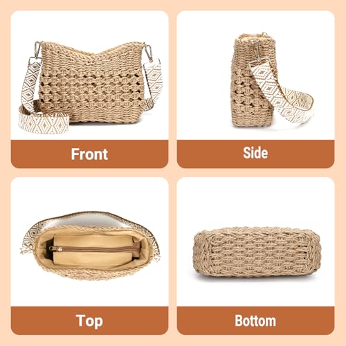 Herald Small Summer Crossbody Bags for Women, Beach Handmade Straw Woven Pocketbooks Handbag Shoulder Purse - color: Hollow Out Coffee