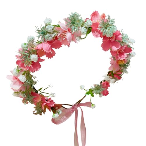 Boho Floral Crown for Women– Adjustable Faux Silk Flower Headband, Handmade Wedding Hair Accessory for Festivals & Photoshoots, Flower Hair Crown for Women (Pink White Flower Leaf, Adjustable) - color: Pink White Flower Leaf