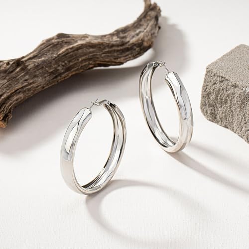 Chunky Gold Silver Hoop Earrings for Women Wide Flat Huggie Hoops Dangle Earrings Big Large Punk Smooth Surface Statement Earrings Fashion Jewelry - color: A Silver