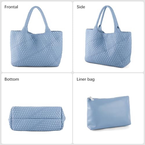 Handmade Woven Bag Satchel Handbag For Women Vegan Leather Tote Bag With Purses Travel Shoulder Bag Underarm Bag - color: Light Blue