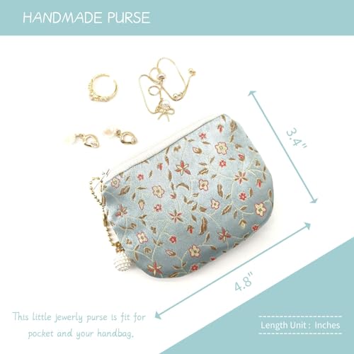 Handmade Women Coin Purse Rosary Pouch Silk Jewelry Bag Brocade Zipper Wallet - Turquoise - color: Turquoise