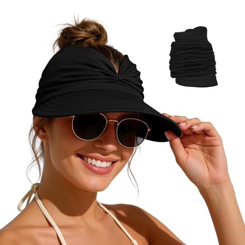Zando Sun Visor Hats for Women - Beach Wide Brim Fashion Hat UV Protection Quick Dry Packable Summer Cap for Casual Sports - color: A Black