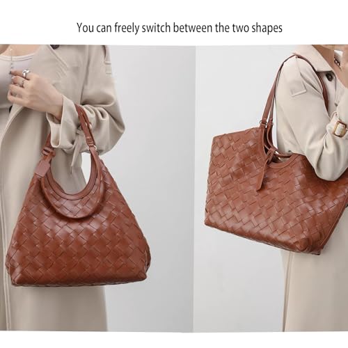 2025 Large Capacity Woven Tote Shoulder Bag for Women - Spacious Handbag for Daily Commute Travel (Brown)