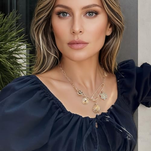 ORIGENCE Sun Heart Necklace for Women 18K Gold Plated Heart Pendant Necklace Chunky Chain Choker Necklaces Hip Hop Charm Necklaces Trendy Unisex Jewelry - style: 4Charm-Gold