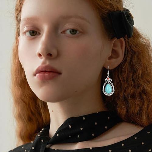Handmade Teardrop Turquoise Earrings Necklace Set for Women Bohemia Tribal Antique Ethnic Style Earring Delicate Teardrop Gemstone Dangle Drop Statement Earrings Western Jewelry - color: Green