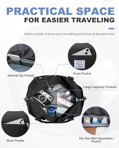 Travel Duffel Bag, 18x14x8 Inches Travel Bag Spirit with Shoes Compartment, Weekender Overnight Bag for Women with Trolley Sleeve, Carry On Bag for Airplanes Sport Tote Gym Bag Black - color: H-Black, size: Large