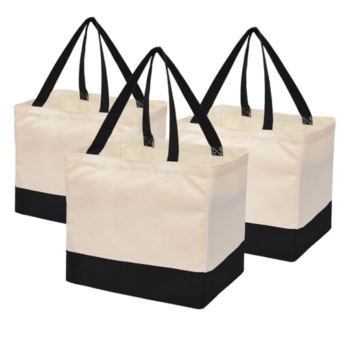 3 Pack Canvas Reusable Grocery Bags Heavy Duty, 8.3 gal Foldable Large Canvas Tote Bag with Handles, Holds 60 lbs Canvas Shopping Bags & Washable Eco-friendly Bags with 5 Pockets, Off white Black - color: [A0] Off White / Black, size: 3 Pack
