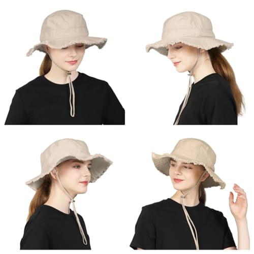 LLmoway Womens UPF50+ Cotton Wide Brim Sun Hat with Strap Ladies Summer Floppy Hats Packable Women Washed Fringes Bucket Hat - color: Khaki