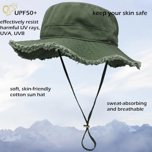 LLmoway Womens UPF50+ Cotton Wide Brim Sun Hat with Strap Ladies Summer Floppy Hats Packable Women Washed Fringes Bucket Hat - color: Olive Green