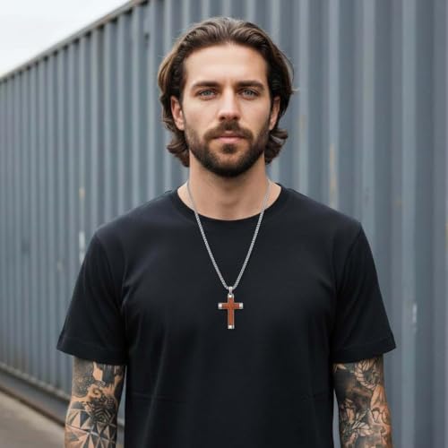 Cross Necklace for Men Vintage Wooden Cross Necklaces Wood Crucifix Pendant Christian Jewelry Gift for Men - color: Silver Surround