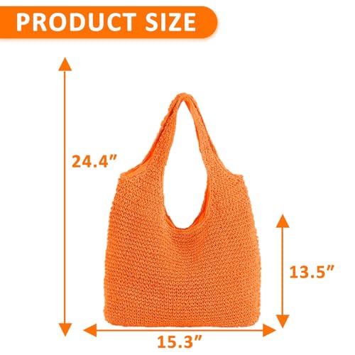 Hand-woven Soft Large Straw Shoulder Bag Boho Straw Handle Tote Retro Summer Beach Bag Rattan Handbag - color: Orange