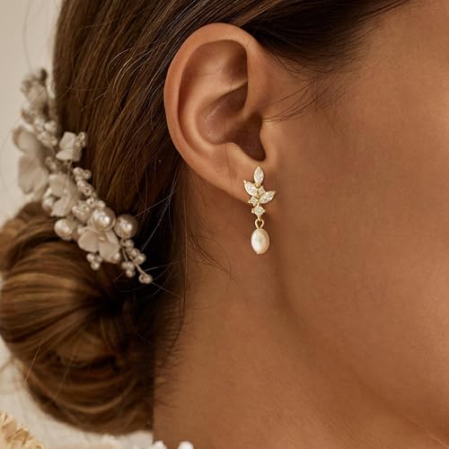 Hayopi Pearl Earrings for Women - Dainty Gold Dangle Drop Earrings, 14k Gold Plated Cute Bow Design, Hypoallergenic Pearl Studs, Wedding Jewelry Gifts - color: Mayan CZ earrings