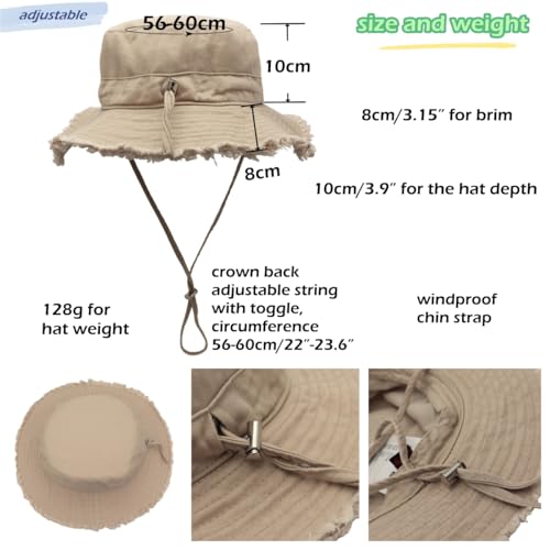 LLmoway Womens UPF50+ Cotton Wide Brim Sun Hat with Strap Ladies Summer Floppy Hats Packable Women Washed Fringes Bucket Hat - color: Khaki