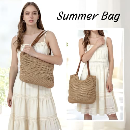 Oweisong Beach Bags for Women Woven Crochet Summer Purse 2026 | Boho Tote Bag, 13.8" Large Capacity, Tote Bag with Zipper, Foldable Packable, Beach Shipping, Vacation Purse - color: Brown