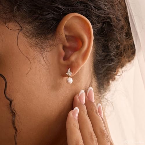 Hayopi Pearl Earrings for Women - Dainty Gold Dangle Drop Earrings, 14k Gold Plated Cute Bow Design, Hypoallergenic Pearl Studs, Wedding Jewelry Gifts - color: GOLD-3 CZ Pearl