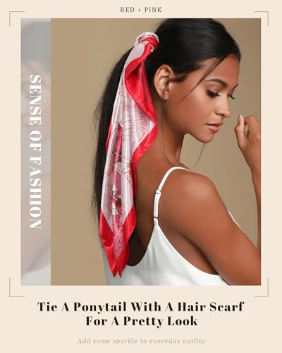 AWAYTR 35” Satin Head Scarf for Women Like Silk Scarf Hair Bandanas Women Large Square Neck Scarf Headscarf Head Wrap - color: Red + Pink