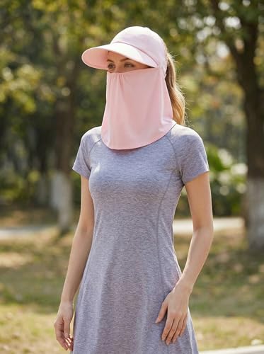 Outdoor Wide Brim Sun Hat Visor for Women, Detachable Face & Neck Cover, Hiking Gardening UPF 50+, Ponytail Friendly - color: Pink