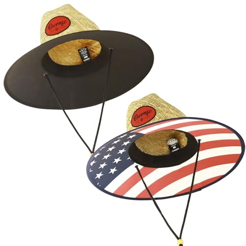 2 Pack Unisex Lifeguard Hat with Wide Brim-Lightweight & Breathable Beach Hat for Sun Protection,Straw Sun Hat for Gardening - color: Black/Patriotic