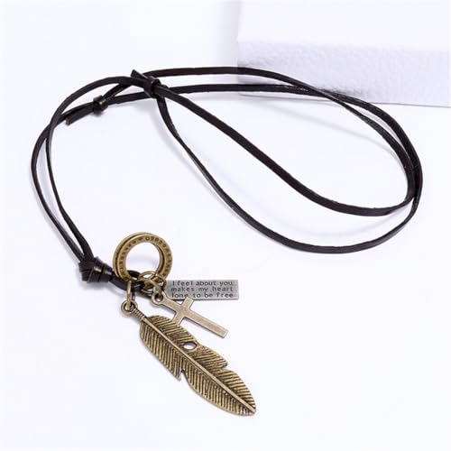 Leather Necklace with Stainless Steel Pendant for Men Women, Vintage Hemp Rope Tribal Choker Necklaces Adjustable 18-30 inch, Clasp-Free Long Necklace - color: Bronze Feather Pendant