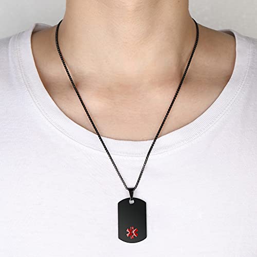 Medical Alert ID Necklace, Laser Engraved TYPE 2 DIABETES, Stainless Steel Tag Pendant with 23.6 inch Chain for Men Women Diabetic Emergency First Aid - color: Black, size: TYPE 2 DIABETES