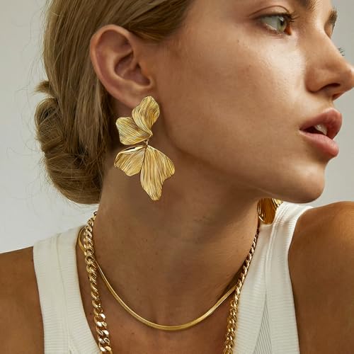 Gold Statement Earrings For Women 18K Gold Plated Sectored Flower Leaf Shell Angel Wing Earring Large Stud Earrings Hypoallergenic Stud - color: Large flower earrings