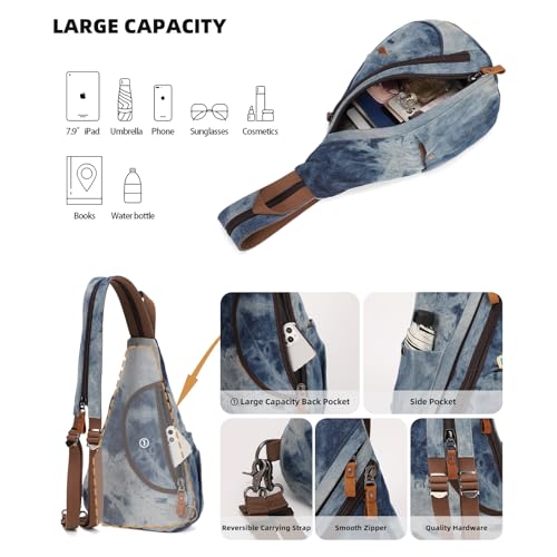 KL928 Canvas Sling Bag - Small Crossbody Backpack Shoulder Casual Daypack Rucksack for Men Women(Blue-white Washed) - color: Canvas-blue-white Washed