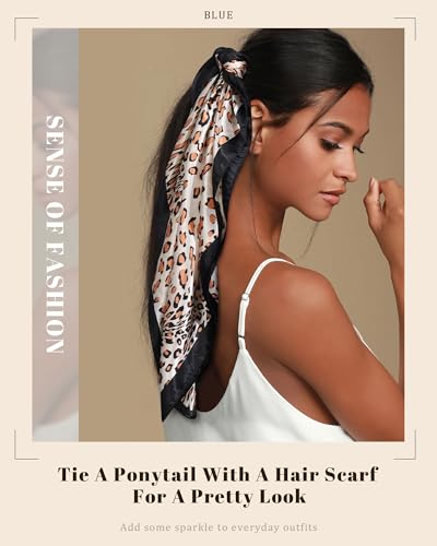 AWAYTR 35” Satin Head Scarf for Women Like Silk Scarf Hair Bandanas Women Large Square Neck Scarf Headscarf Head Wrap - color: Leopard - Black + Light Brown