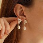 Hayopi Pearl Earrings for Women - Dainty Gold Dangle Drop Earrings, 14k Gold Plated Cute Bow Design, Hypoallergenic Pearl Studs, Wedding Jewelry Gifts - color: three flower