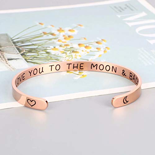 M MOOHAM Bracelets for Women Girls, Quote Mantra Bracelet Funny Inspirational Jewelry Gifts for Best Friend, Mom, Daughter, Son, Sister, Niece Birthday Mothers Day Present Come Gift Box - style: I love you to the moon &back-Rose Gold
