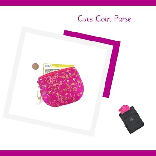 Handmade Women Coin Purse Rosary Pouch Silk Jewelry Bag Brocade Zipper Wallet - Magenta - color: Magenta