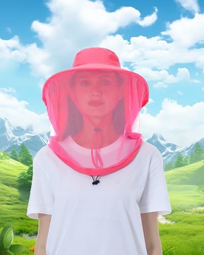 Womens Sun Hat Outdoor UV Protection Wide Brim Fishing Hat with Ponytail Hole Neck Flap for Beach Hiking Camping - color: Mosquito Net-watermelon Red