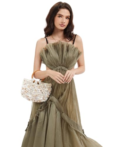 Miuco Shell Purse For Women Handmade Seashell Beaded Clutch Beach Wooden Top Handle Bag