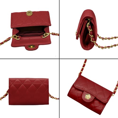 YAMEIZE Mini PU Leather Chain Belt Bag for Women Quilted Waist Purse Crossbody Fanny Pack Detachable Belt Chain - color: Red - Mini (4.7x2.7 Inch)