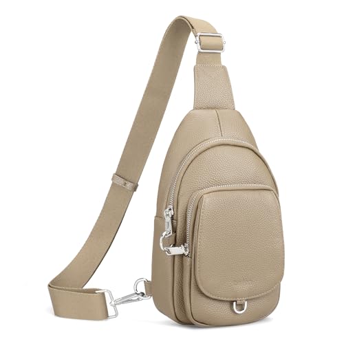 befen Anti Theft Genuine Leather Sling Bag for Women RFID Small Crossbody Bag Chest Bag Leather Fanny Packs for Travel - color: Taupe