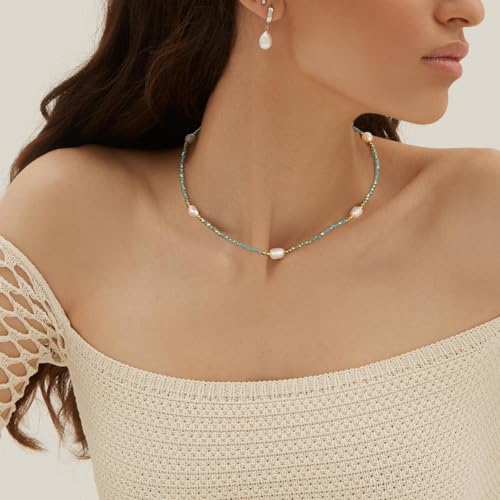 KissYan Beaded Choker Necklace for Women, Colorful Natural Gemstones Pearl Choker 14K Gold Plated Pendant Healing Crystal Necklace Handmade Stone Jewelry Gift - color: C-Pearl