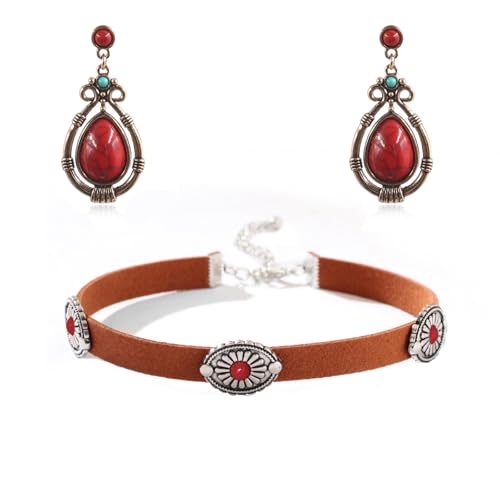 Handmade Teardrop Turquoise Earrings Necklace Set for Women Bohemia Tribal Antique Ethnic Style Earring Delicate Teardrop Gemstone Dangle Drop Statement Earrings Western Jewelry - color: Red Turquoise Choker Necklace