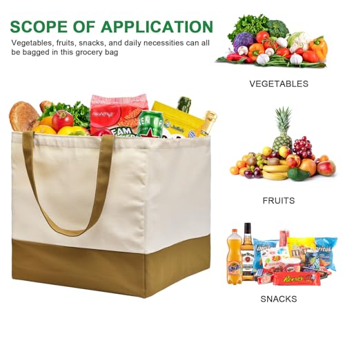 Canvas Reusable Grocery Bags Heavy Duty, 8.3 gal Foldable Large Tote Bag with Handles, Holds 60 lbs Canvas Shopping Bags, 1 Pack - color: [A1] Off White / Brown, size: 1 Pack