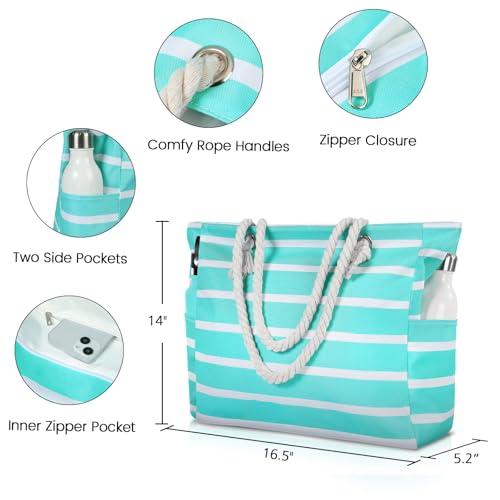 Clothirily Beach Bag for Women - Large Beach Tote Bag, Waterproof Sandproof Beach Bag with Zipper, Large Swim Pool Beach Tote - color: B-green