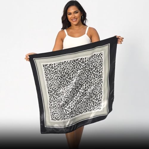 Leopard Print Head Scarf for Women Like Silk Satin Scarf for Hair Wrapping at Night Bandana Square Scarf 35 Inches - color: Black Gray Leopard