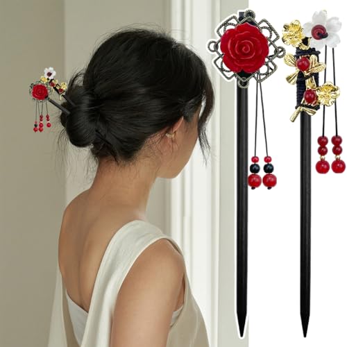 4 Pack Chinese Wooden Hair Stick for Buns Retro Hair Chopsticks Red Flower Beads Styling Vintage Tassel Hair Stick Hair Accessories for Women and Girls Thin Hair (Red) - color: Red