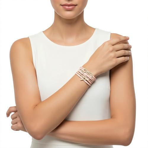 Edoneery Leather Wrap Bracelet for Women, Boho Handmade Multi-Layer Cuff with Crystal Beads Heart, Stackable Bangle Western Jewelry Gift - style: Heart(Pink)