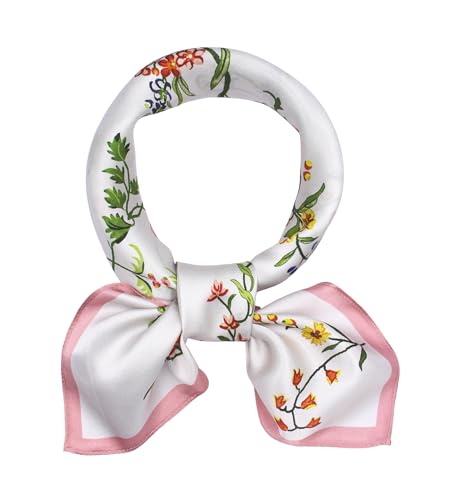 ANDANTINO 100% Mulberry Silk Square Scarf for Hair-25.6" X25.6'' Women Men Natural Silk Neckerchief Digital Printed Headscarf - color: Flowers-pink&white