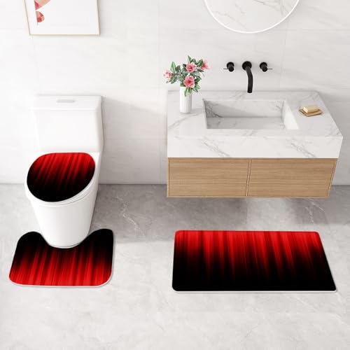 Litabel 4 Pcs Red and Black Gradient Shower Curtain Set with Rugs and Toilet Lid Cover, Modern Simple Waterproof Fabric Bathroom Set, Ombre Stripe Gothic Abstract Bathroom Decor Set Accessories - color: Red
