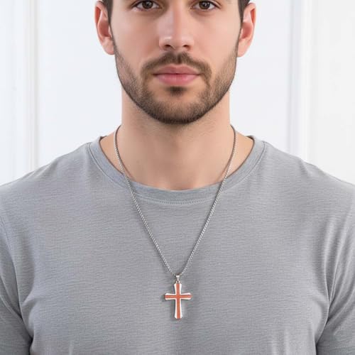 Cross Necklace for Men Vintage Wooden Cross Necklaces Wood Crucifix Pendant Christian Jewelry Gift for Men - color: Big ST Chain