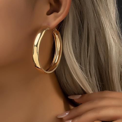 Chunky Gold Silver Hoop Earrings for Women Wide Flat Huggie Hoops Dangle Earrings Big Large Punk Smooth Surface Statement Earrings Fashion Jewelry - color: A Gold