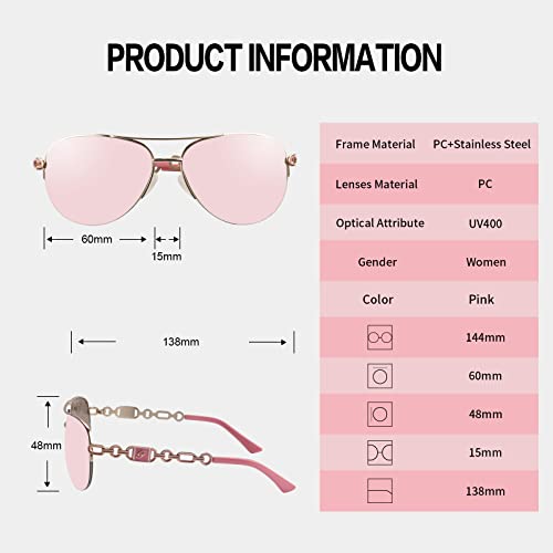 FONHCOO Aviator Sunglasses for Women Men Metal Frame UV400 Mirrored Sunglasses - color: Pink