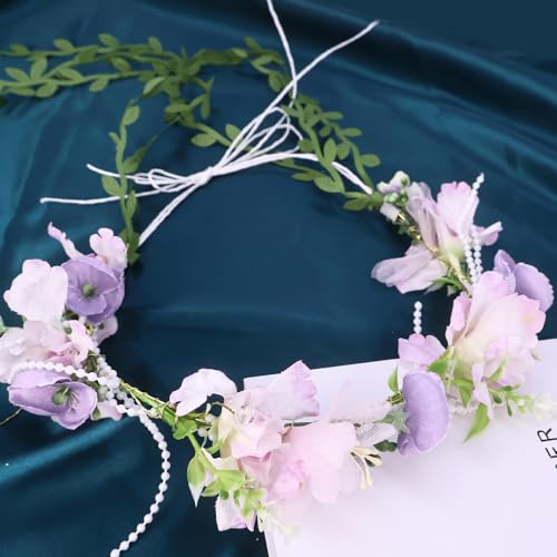 Boho Floral Crown for Women– Adjustable Faux Silk Flower Headband, Handmade Wedding Hair Accessory for Festivals & Photoshoots, Flower Hair Crown for Women (Purple Pink Flower, Adjustable) - color: Purple Pink Flower