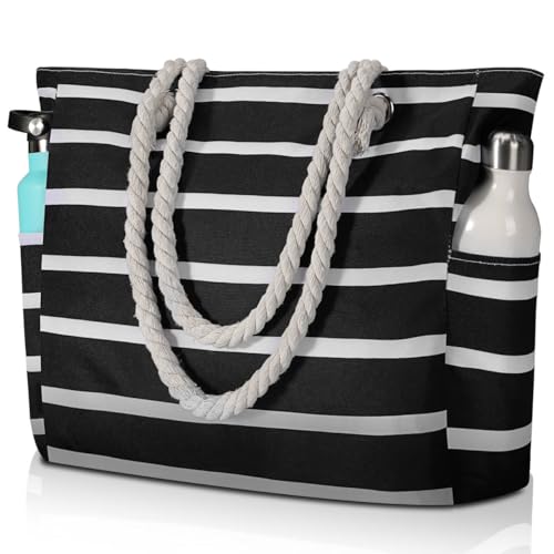 Clothirily Beach Bag for Women - Large Beach Tote Bag, Waterproof Sandproof Beach Bag with Zipper, Large Swim Pool Beach Tote - color: B-black