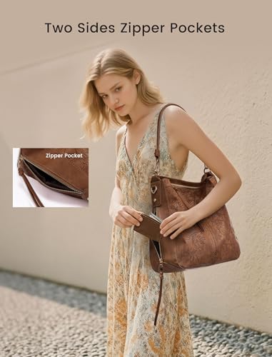 Realer Hobo Crossbody Bags for Women Designer Faux Leather Hobo Handbags Retro Large Size Shoulder Bag Bucket Purse - color: Brown Flower, size: Medium-12.4 inch