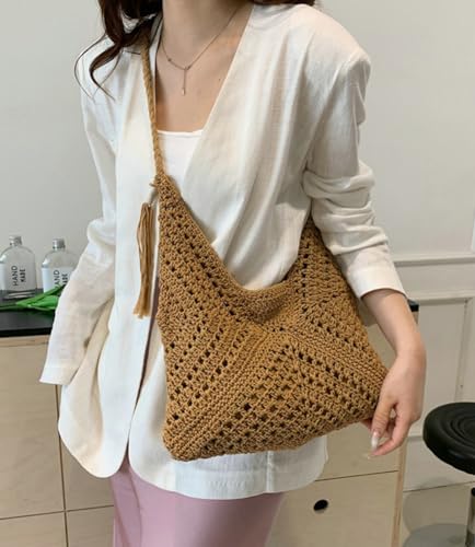 Boho Straw Bags for Women Large Woven Tote Bag Straw Beach Bag Shoulder Bags Purse Handbags Summer Straw Hobo Bag - color: Khaki